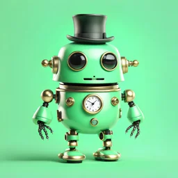 realistic digital art, kawaii robot wearing a monocle, monocle, top hat, rich, mint green, isolated