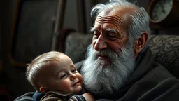 Elderly Grandfather and little child grandson happy together, exquisite composition, beautiful detailed intricate insanely detailed octane render trending on artstation, 8k artistic photography, photorealistic concept art, soft natural volumetric cinematic perfect light, chiaroscuro, award-winning photograph, masterpiece, raphael, caravaggio, Alma Tadema, Bouguereau