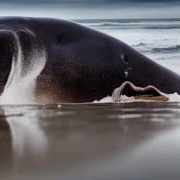 photograph of beautiful sperm whale washed up on shore, face view, lifeless, debris, foamy wave, sand, rock, 8k resolution, high-quality, fine-detail, detailed matte, photography, illustration, digital art, brian froud, howard lyon, selina french, anna dittmann, annie stokes, lisa parker, greg rutowski,