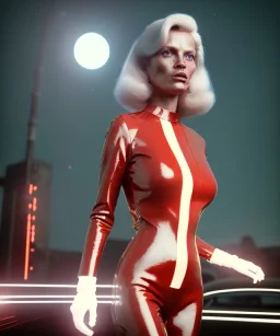 retro sci-fi portrait image from 1980, supermarket parking explosions, fire, scared people, blonde woman walking, sweet Kate moss face, tight latex suit, soft color, highly detailed, unreal engine 5, ray tracing, RTX, lumen lighting, ultra detail, volumetric lighting, 3d, finely drawn, high definition, high resolution.