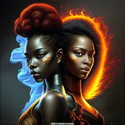 3D. Detailed Painting .realistic. Dark skin women. Beautiful. the faces of two young black women. Warm. Fire nymphs emerging from the flames.red.. Energy. Focus. THeir hair looks like smoke .smoke curling. Dreadlocs. Their skin is the colour of charcoal . Their hair moves like smoke. . their clothing is made of flames, red. Orange. Yellow. White and gold