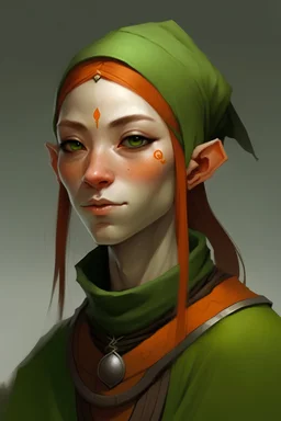 female monk, pake green skin, rust hair, small nose, elf ears