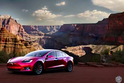 A Tesla 'Model Y' is going at a high speed, in the 'Grand Canyon National Park'. (CINEMATIC, WIDE ANGLE LENS, PHOTO REAL)