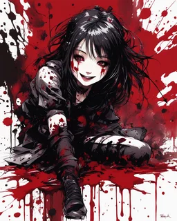 Petit girl goth smiling, lying pose, fullbody, behind blood guts rising from the ground, illustration by <Yoji Shinkawa>, behind paint splashes darkred tones,