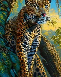 Leopardo en la Selva cuerpo completo árboles detallados elegante obra de arte colores contrastantes pintura al óleo detallada hiperdetallada impactante intrincada sombra realista iluminación cinematografica 8k cielo soleado nubes coherente cuerpo completo