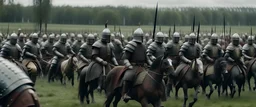 rear shot of a medieval cavalry division, dozens of horse mounted 1450 knights in armor fast galloping away from the camera in a european open green field, dunamic shot, daytime, grey overcast sky, cinematic shot, anamorphic, 2.35:1, widescreen, photorealistic color, 35mm photography, photographic exposure, 1980 cinema, 1990 cinema, movie