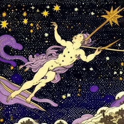 A violet galaxy with shooting stars designed in Bayeux tapestry painted by Giovanni Battista Sassi