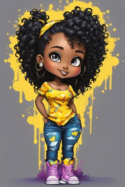 create a colorful abstract graffiti art image 8k of a chibi curvy black female wearing torn jeans pants and a yellow tie dye off the shoulder blouse. Prominent make up with hazel eyes. Highly detailed long tight curly PONYTAIL