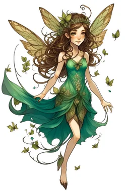 Forest fairy with iridesand teal wings and a cute short leaf dress and pointed ears and multiple vine earings and ear cuffs flying through a mythical forestand brown wavy hair trailing her