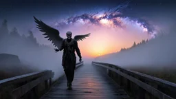 walking straight ahead over a wooden bridge, holding the angel of death with your right hand, entering the fog at the end of the road that leads to the afterlife, and a beautiful sunset and galaxy's behind the fog, realistic