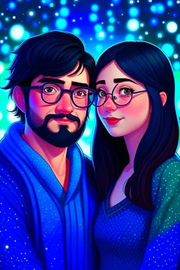 Christmas scene, dark haired couple, man with short black beard and glasses, woman with long hair, blue eyes, young couple, graphic