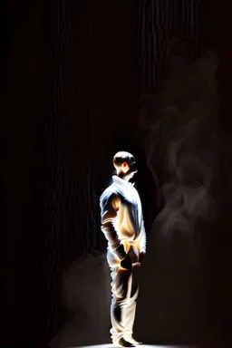 a burning white candle-man standing in front of a black background