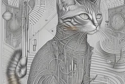 line drawing, of a beautiful surrealistic image of High tech cat burglar ;made exclusively of music symbols, background is horizontal parallel lines like staffs and piano keys at bottom, symbols are discernible, overall exquisitely detailed, elegant, extremely intricate, high definition, dope, innovative, line art, contemporary art, fractal pencil drawing,