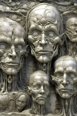 sculpture of a man , child , young and old Multiple faces . decayed and rotting with grotesque proportions and imagery. abstract grotesqueries, detailed texture, surreal horror, biomechanical design, by hr giger and beksinski