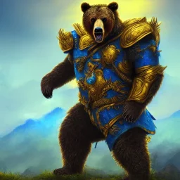 An angry bear warrior in blue and gold armor, background of Inka jungle, high detail, smooth, realistic, digital illustration, Artstation, artgerm,