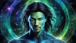 beautiful gorgeous young man na'vi with long hair, Avatar, blue skin, two small ears, green eyes, black hair, in cosmic suit, galactic ambiance, medium pointy goatee , smiling, nebulas and sacred geometry light figures on the backgroud,