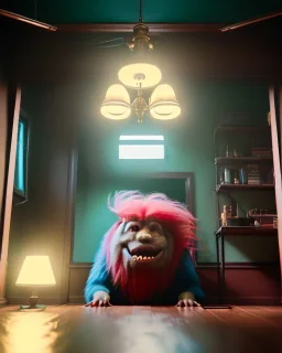 Room scene with big hair monster, Wes Anderson style, realistic photo, concept art, smooth, unreal engine 5, god lights, ray tracing, RTX, lumen lighting, ultra detail, volumetric lighting, 3d.