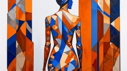 A full-body portrait of a female figure viewed from behind, rendered in a bold, abstract expressionist style with thick, textured brushstrokes and fragmented geometric shapes. The figure’s form is deconstructed into angular, overlapping planes of warm skin tones—ochre, terracotta, and cream—contrasted against sharp, cool accents of deep blue and metallic silver. Her long hair flows in dynamic, jagged strands, blending with the surrounding abstract background. The background consists of heavy, ge