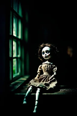 looking at the camera a high realistic porcelain puppet doll, old, dirty with old dress, sitting on shelf, in background blur cracked window. The figure has cracked face and head, and piercing big black eyes. High contrast, cinematic, thriller, dark, atmospheric. Surreal style , perfect composition, sharp focus, intricate details, crepy stunning horror vibe