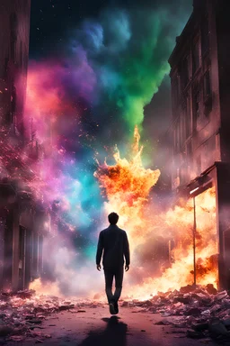Young man walking away from a building that is exploding at night, with coloured auras all around him