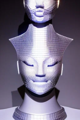 Technological singularity. Machine, fake smile, staring camera-eyes. 3D-tiling in adaptive background, lighted tower full of heads. Lightly armored, haughty. Cyber-punk full-mask. Lay figure woman with plastic milky skin. Repugnant behavior towards a human. tippets. Haute Couture 1996. Light right. Colors are silver, black, Cyan. Huge headphones. golden rings. Thick tights, Thick calves, Curved fell, Wide hip. Secretly change her head to another, which reveals face of