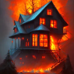skewed house on fire in a hurricane, upper body of orange devil with spear, thick forest, oil painting, portrait