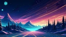 sea of stars retrowave wallpaper pine road snow