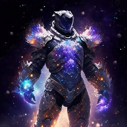 A battle suit made of galaxies and stars with a glove that has seven endless stones Battle armor from the extract of galaxies Battle armor from the extract of galaxies with a fiery sword