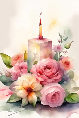 MAGIC A PYRAMID CANDLE IS BURNING AROUND WONDERFUL FLOWERS English watercolor, Smoky cream, pale gray, pale pink, pink background. bright light, a bouquet of roses on the table are pale pink, pale bordeaux, white, ochre. green stems, the light is translucent. Watercolor, fine ink drawing,