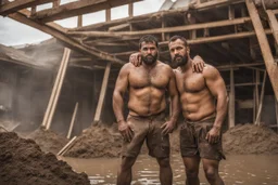 portrait shot photography of two ugly 36 year old beefy big robust burly italian carpenters embraced in the mud, dirty and wet, wearing bulging shorts, shirtless, hairy chest, serious, very virile, short beard, shaved hair,, , in a sunny construction work area, photorealistic , photorealistic