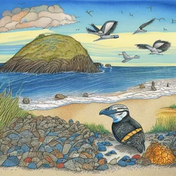 A color drawing of a detailed beach with a turtle and puffin birds