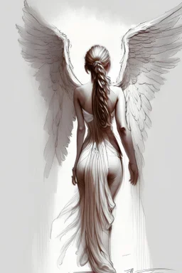 full body woman angel from back, wings coming from back of her shoulders, bun haired angel wearing long tunic ultra realistic drawing