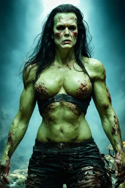 extremely busty, Anna Nicole Smith With Long black hair, massive Facial scars, different colored skin, as the Frankenstein Monster from Guillermo del Toro's new Frankenstein movie, full-body portrait, ultra-detailed, ((((cinematic lighting)))), 4K resolution. ((((photorealistic)))), Towering figure, 6'5", muscular but gaunt, (((Suture Scars and patches of stitched together skin, stitched from mismatched human corpses:1.5))). Pale, cold skin with suture scars across chest, neck, and face.