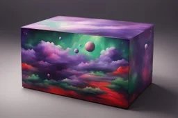 beautiful paintings of purple and green space on red rectangular box, very realistic