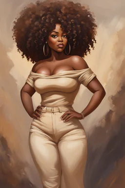 create a expressive oil painting image of a cartoon curvy black female wearing beige linen pants and a brown off the shoulder. Prominent make up with hazel eyes. Highly detailed long thick curly afro.