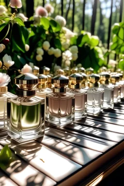 generate me an aesthetic image of perfume for Perfume Bottles in a Sunlit Greenhouse