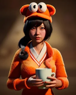 waitress Japanese woman with muppet mask that covers her entire head, red, retro style, Sesame Street style, smooth, unreal engine 5, god lights, ray tracing, RTX, lumen lighting, ultra detail, volumetric lighting, 3d.