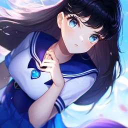 Clear focus, High resolution, girl wearing a purple sailor moon outfit, long fluffy black hair, blue eyes, wearing a sailor uniform skirt including color and length