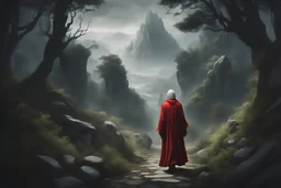 Dante in a red robe, at full height, walks along a narrow path, through an eerie dark, overgrown forest towards a mountain, stones, rocks from which trees grow.