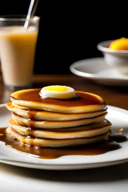 A stack of pancakes with syrup and butter, served with a side of bacon