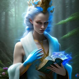 crazy detail, magical forest background, waterfall, blue but cloudy skies,close up of body of cute poet wearing soft robes and gloves,dark stone statue, lively eyes,hidden hands, framed by foliage, runes on dices, warm light, holding up scroll