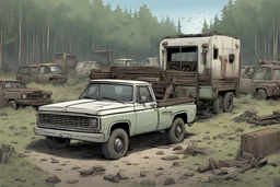 camp, forest, post-apocalypse, front view, comic book, cartoon, pickup, trailerpark