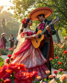 Mexican Beautiful Princess Romantic dancing mariachi with handsome prince in Park city ,Mariachi musician group, flower beds, fractal ornamentation, over detailed, gloriously full and confusing, nothing that really exists, everything made up, fantasy world, sweet briar, photography graphic art, song birds, ochre rose, rose buds, dewy morning, forest of oaks,