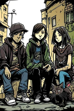 Act like a book cover designer. Use graffiti style. Three teenagers (13-15 years old) - two boys and a girl with a grimy black cat. Environment: old town.