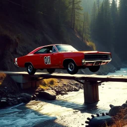 digital photograph, dramatic angle of dukes of hazard's 1969 red dodge charger with "01" on door jumping over a small river off a collapsed bridge