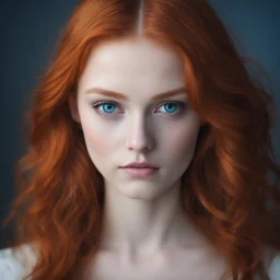32k photo, portrait young redhead woman. ( blue eyes, black sclera), perfect masterpiece,