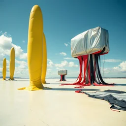 Fotografia di forme stilizzate e allungate ricoperte di latex, su una superficie piatta di colore azzurro chiaro e giallo pastello, su cui si ergono alcuni giganteschime immense enormi strutture di forma indefinita, fatte di materiali vari, ricoperte da materiale plastico argentato, rosso, e nero, che scende a terra. Max Ernst, Amano, Yves Tanguy, Piet Mondrian, James Ensor, paranoic, obsessive, nightmare, aria aperta, sole, nuvole, glossy, surreal, hasselblad h6d400c --ar 85:128 --v 6.