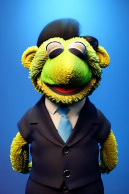 Waist up muppet Portrait, Xi Jinping as muppet doll, Black suit, photo studio, blue background, unreal engine 5, concept art, art station, god lights, ray tracing, RTX, lumen lighting, ultra detail, volumetric lighting, 3d.