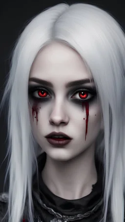 Perfect emo girl, realistic insane graphics hyper realism very detailed face very detailed eyes goth punk, cute white hair, Gothic bloody eyeliner, admitting in otherworldly grow, eyes are super intense detail, portrait beautiful facial structure, 8K resolution, perfect lighting , pale Queen,award-winning,