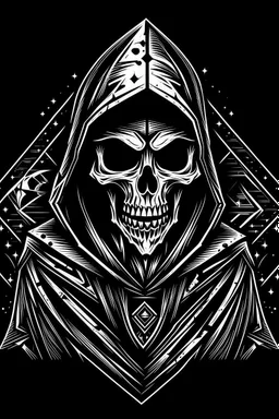 skeletor, skeleton in a black hooded cloak drawn in a retro mascot style, inside a diamond shape on a black background, monochromatic